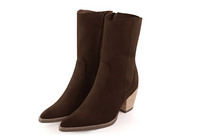 Dark brown women's booties, with a zip on the inside. Tapered toe. Medium cone heels - Florence KOOIJMAN